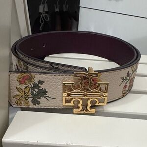 Tory Burch Floral Leather Belt with Gold Buckle